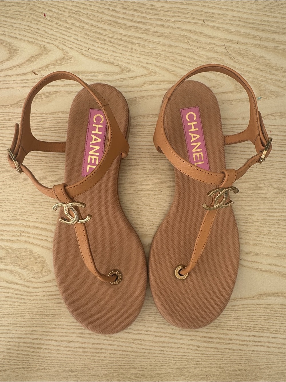CHANEL Tan Leather T-Strap Sandals with Gold CC Charm 36.5